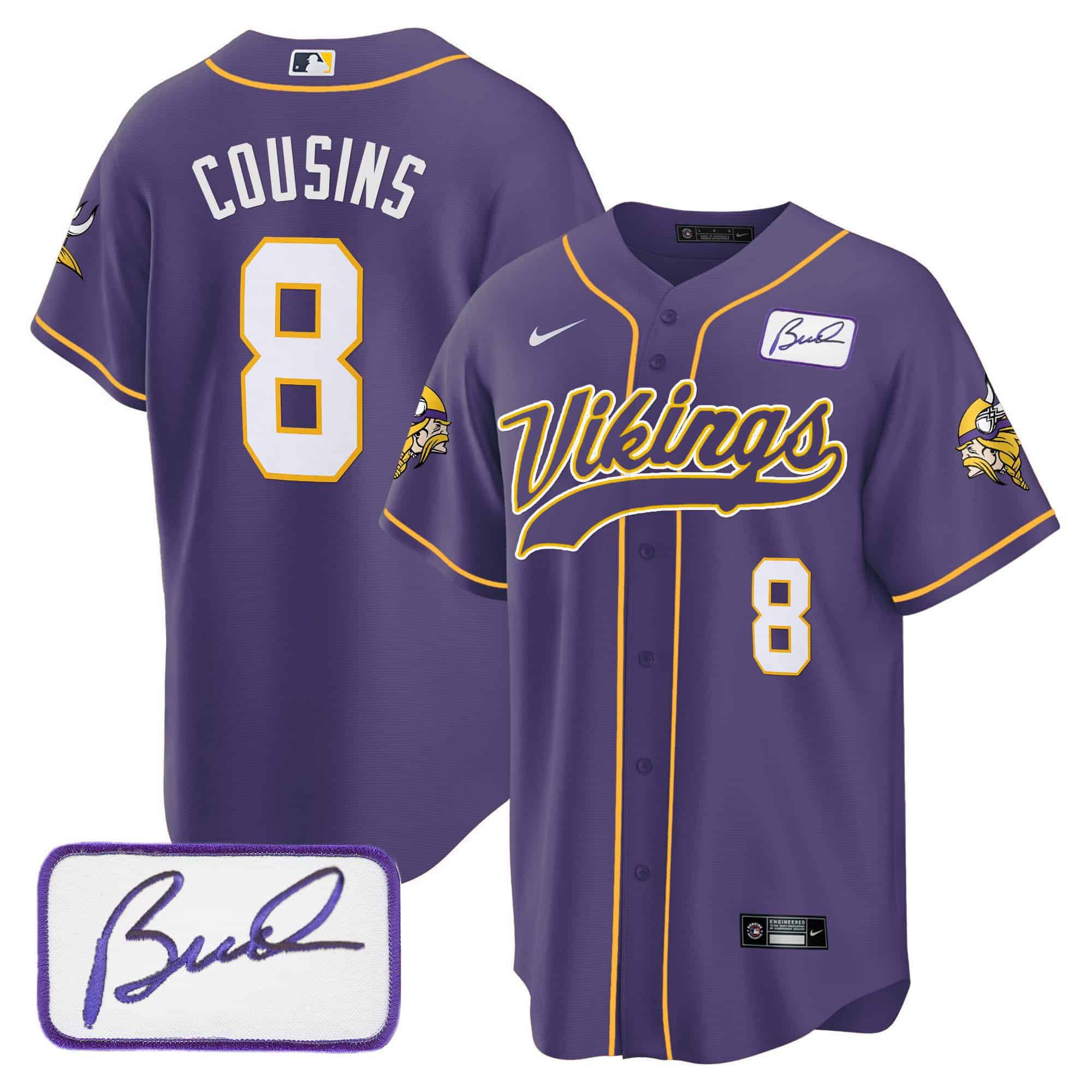Men Minnesota Vikings #8 Cousins Purple 2024 Nike Bud Grant Patch Classic Baseball NFL Jersey style 1